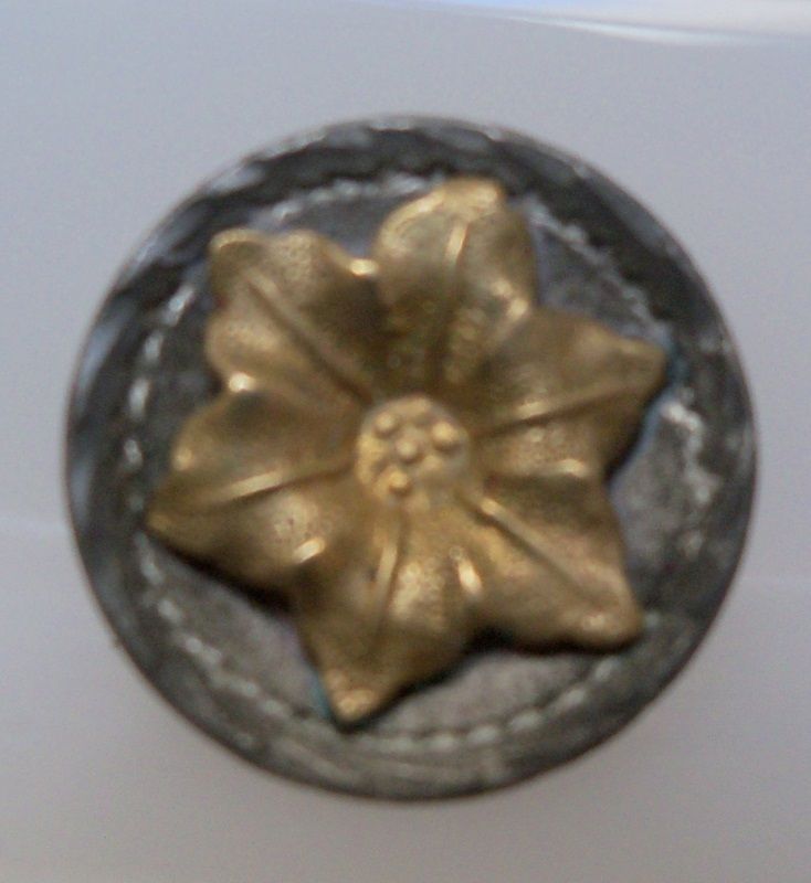Button Small Open Brass Flower on Silver Metal Backing Button Small Open Brass Flower on Silver Metal Backing
