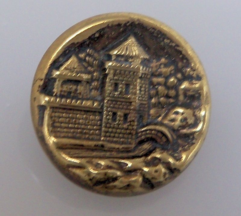 Distinctive Building Scene with Bridge in Background Button Distinctive Building Scene with Bridge in Background Button