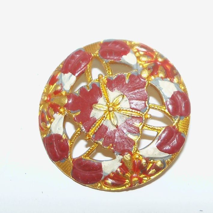 Open Work Enamel Rust and White Button Open Work Enamel Rust and White Button