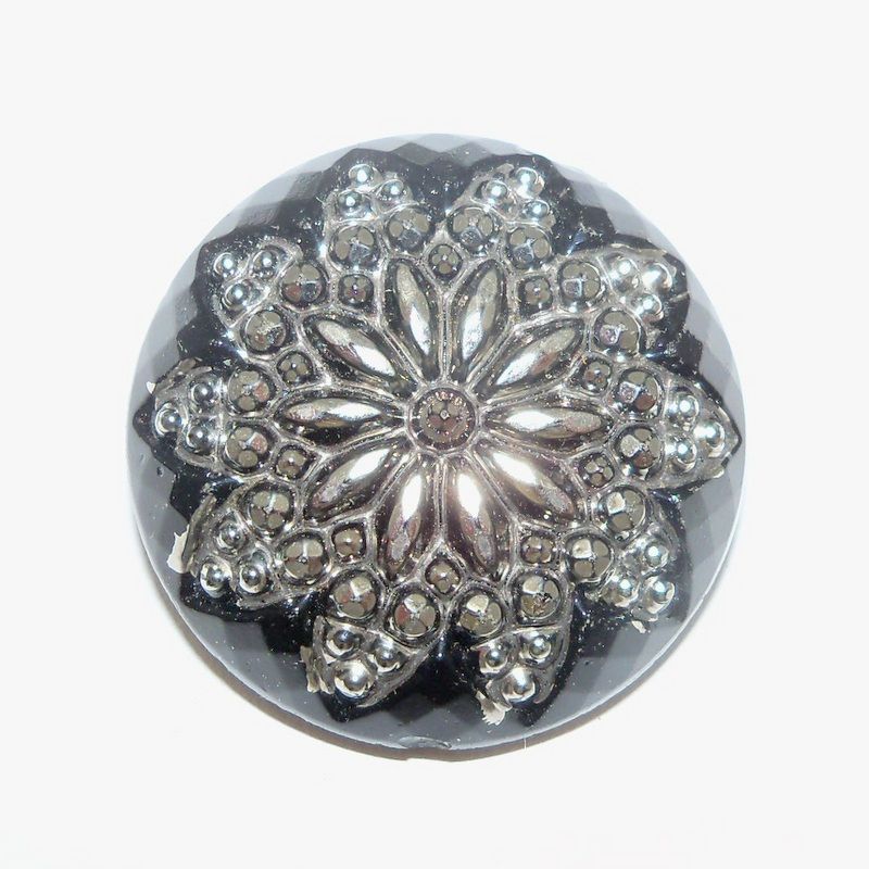 Black Glass with Cut Steel Convex Button Black Glass with Cut Steel Convex Button