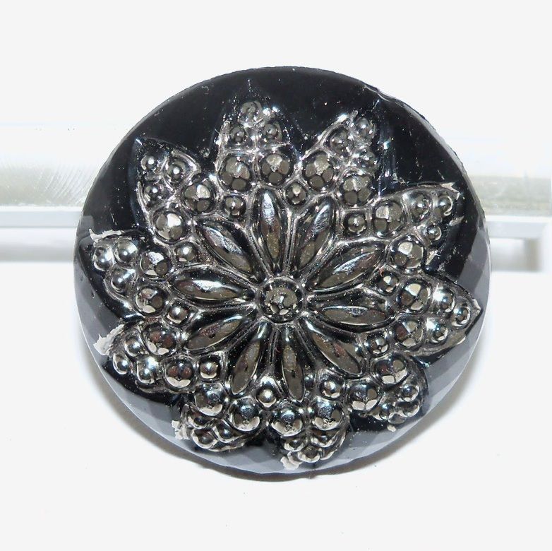 Black Glass with Cut Steel Convex Button Black Glass with Cut Steel Convex Button
