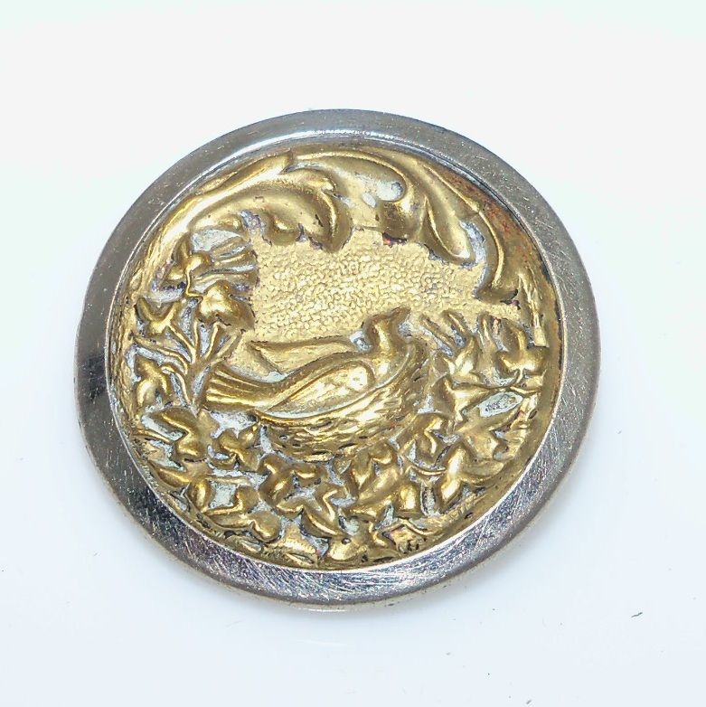 Brass and Silver Metal "Bird Sitting on Nest" Button Brass and Silver Metal "Bird Sitting on Nest" Button