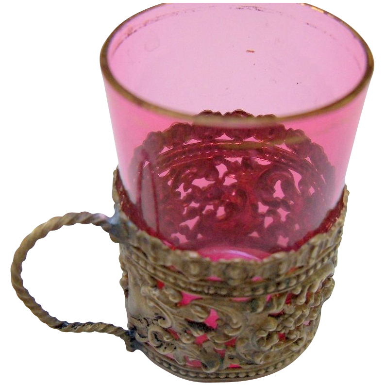 Miniature Cranberry Glass in Ornate Brass Holder Miniature Cranberry Glass in Ornate Brass Holder