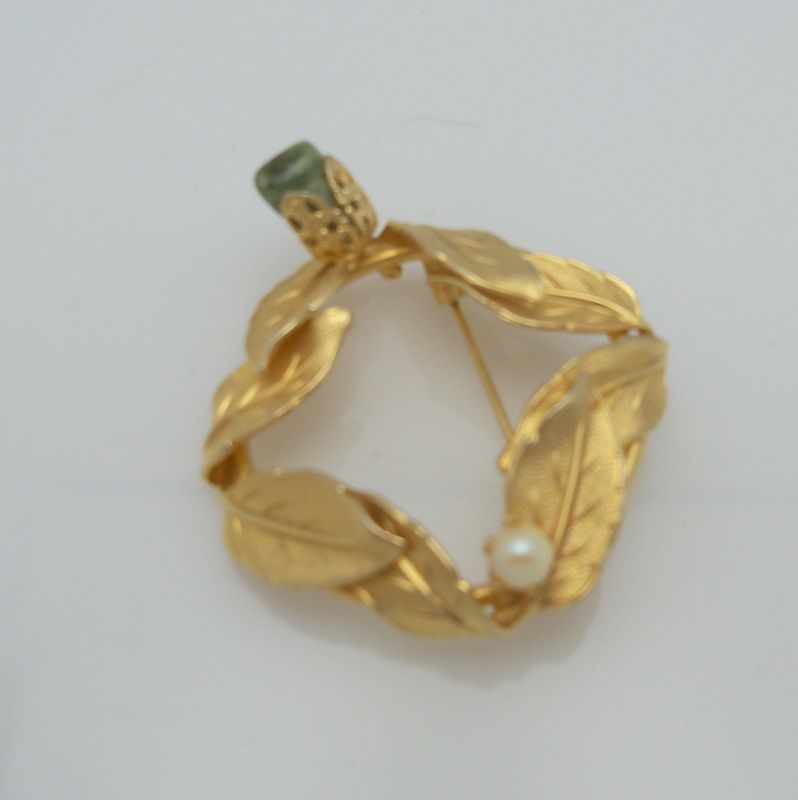 Gold Metal Brooch with Leaf Design and Imitation Pearl and Polished Rock Gold Metal Brooch with Leaf Design and Imitation Pearl and Polished Rock