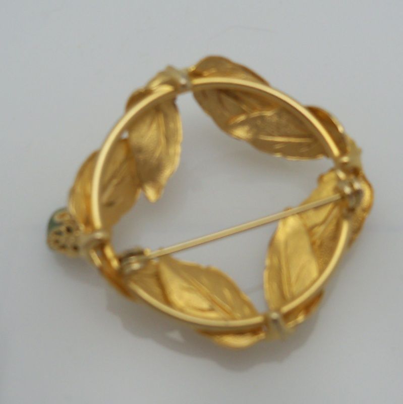 Gold Metal Brooch with Leaf Design and Imitation Pearl and Polished Rock Gold Metal Brooch with Leaf Design and Imitation Pearl and Polished Rock