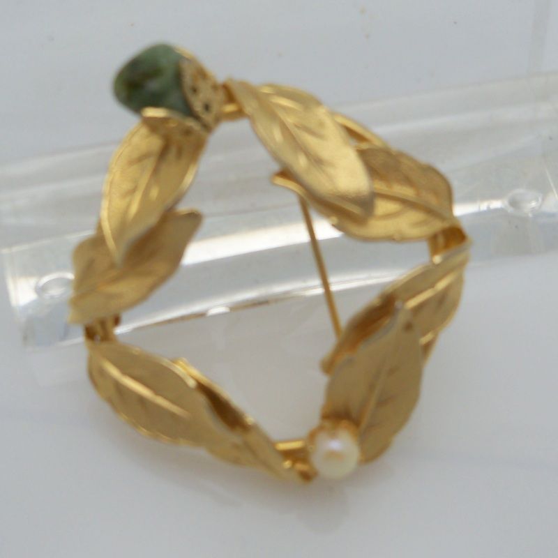 Gold Metal Brooch with Leaf Design and Imitation Pearl and Polished Rock Gold Metal Brooch with Leaf Design and Imitation Pearl and Polished Rock