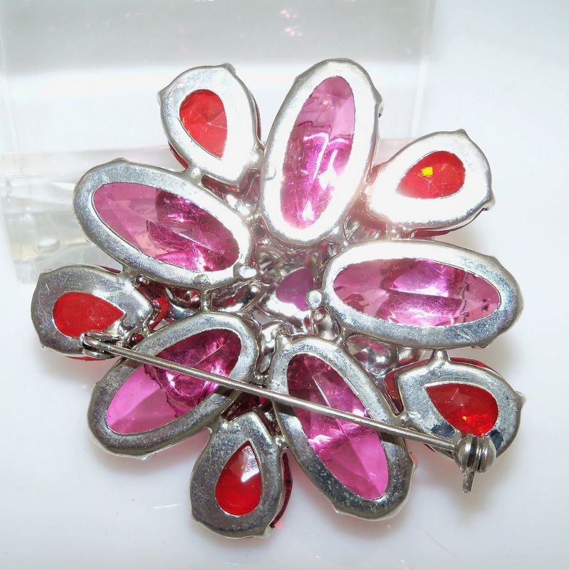 Cranberry and Clear Round Brooch with Heart Center Cranberry and Clear Round Brooch with Heart Center
