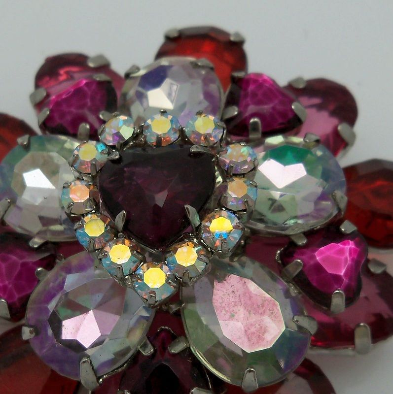 Cranberry and Clear Round Brooch with Heart Center Cranberry and Clear Round Brooch with Heart Center