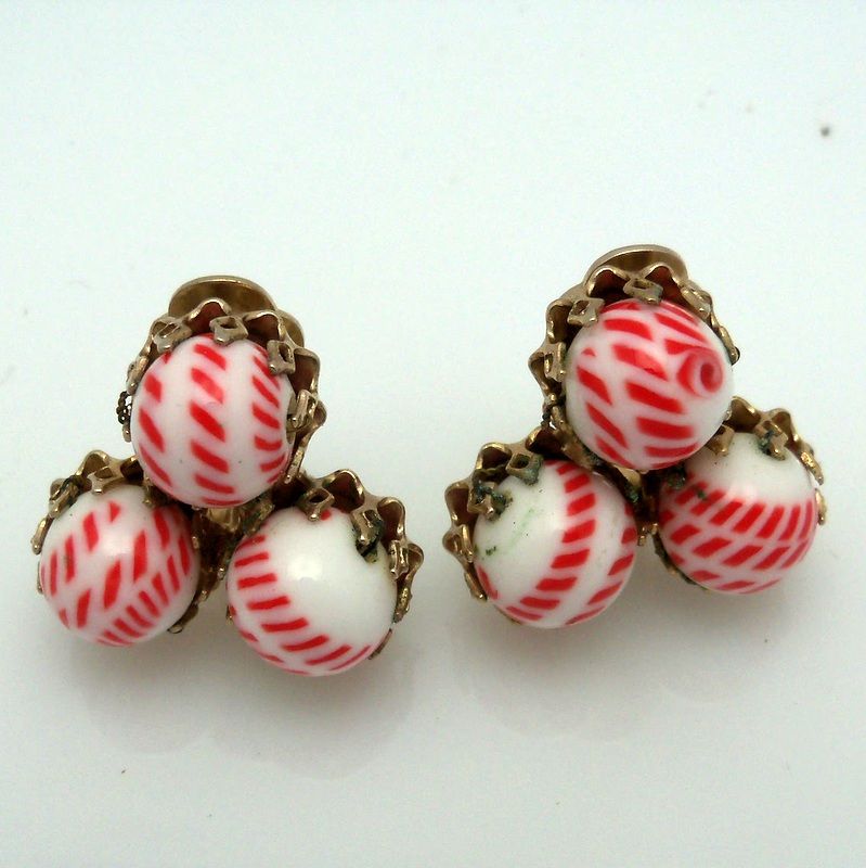Three Red and White striped glass balls earrings Three Red and White striped glass balls earrings