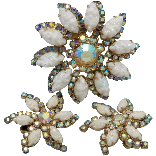 Floral Brooch Set with Aurora Borealis Stones and White petals Floral Brooch Set with Aurora Borealis Stones and White petals