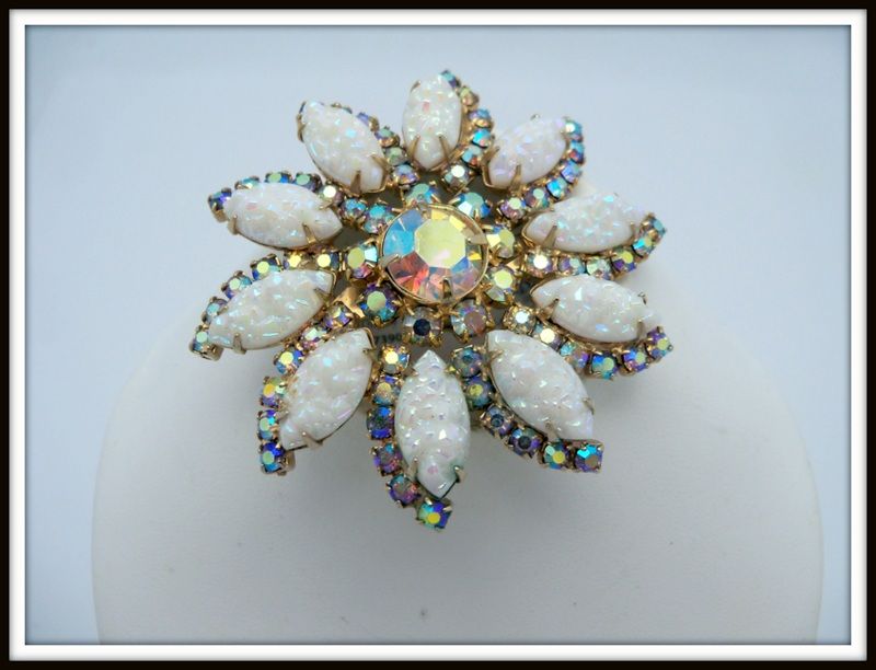 Floral Brooch Set with Aurora Borealis Stones and White petals Floral Brooch Set with Aurora Borealis Stones and White petals