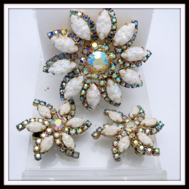 Floral Brooch Set with Aurora Borealis Stones and White petals Floral Brooch Set with Aurora Borealis Stones and White petals