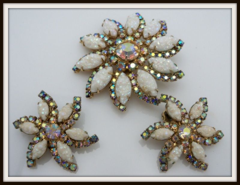 Floral Brooch Set with Aurora Borealis Stones and White petals Floral Brooch Set with Aurora Borealis Stones and White petals