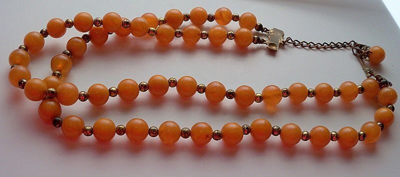 Necklace of Coral Plastic Beads with Gold Tone Balls Necklace of Coral Plastic Beads with Gold Tone Balls