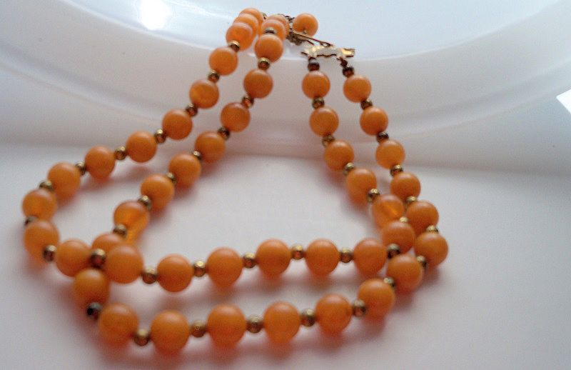 Necklace of Coral Plastic Beads with Gold Tone Balls Necklace of Coral Plastic Beads with Gold Tone Balls