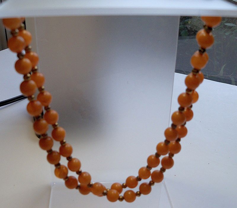 Necklace of Coral Plastic Beads with Gold Tone Balls Necklace of Coral Plastic Beads with Gold Tone Balls