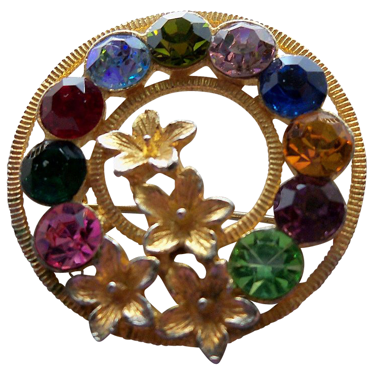 Dramatic Gold Metal Circle Pin with Rhinestones Dramatic Gold Metal Circle Pin with Rhinestones