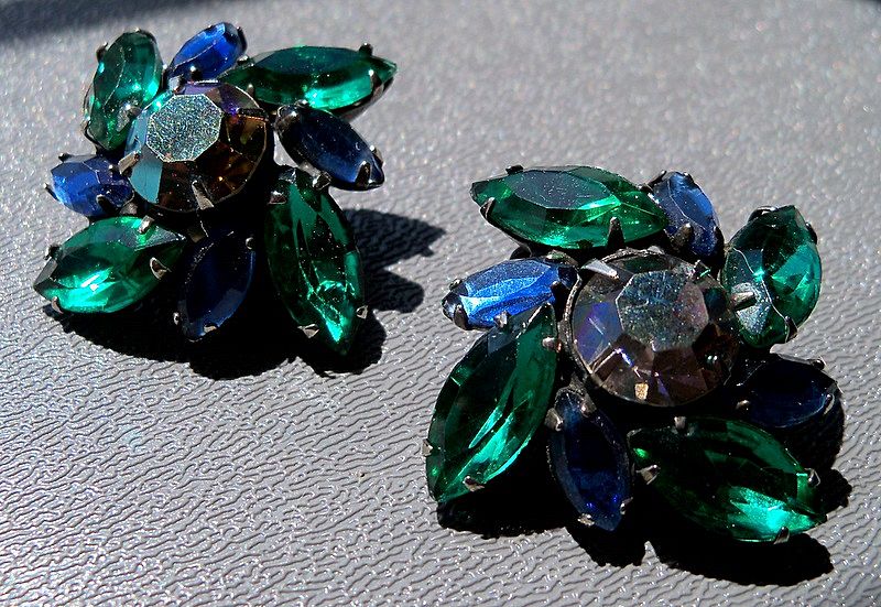 Kramer Dark Blue and Green Swirling Rhinestone Earrings Kramer Dark Blue and Green Swirling Rhinestone Earrings