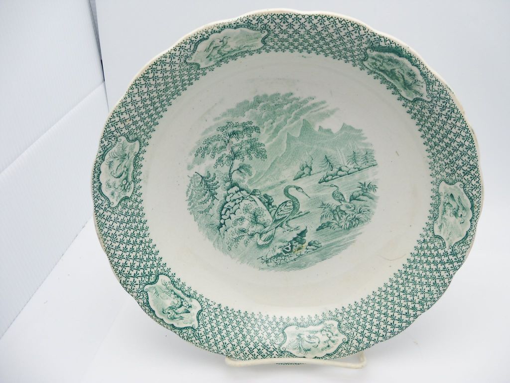 Green Transferware Shallow Bowl "Ornithology" Green Transferware Shallow Bowl "Ornithology"