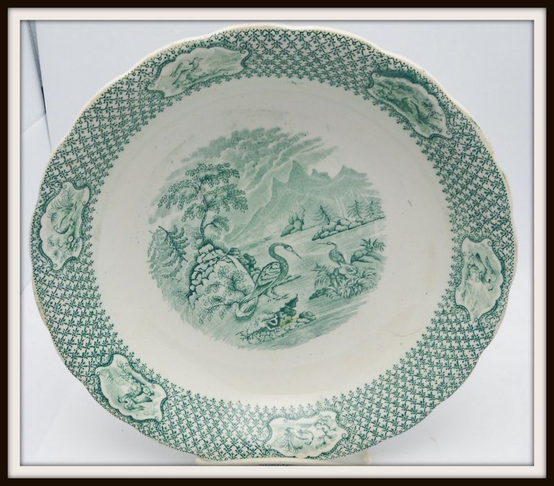 Green Transferware Shallow Bowl "Ornithology" Green Transferware Shallow Bowl "Ornithology"