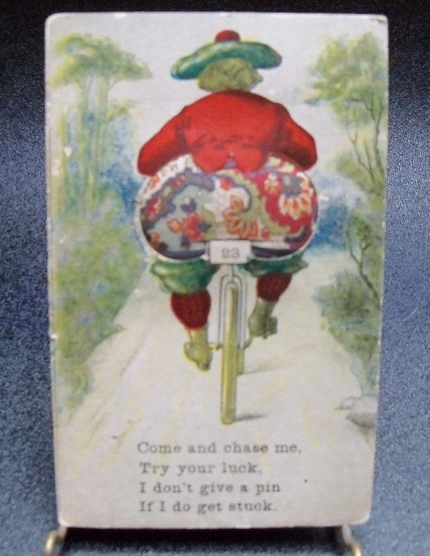 Postcard Woman on Bicycle with Pincushion Bottom Postcard Woman on Bicycle with Pincushion Bottom