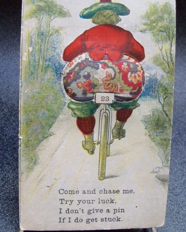 Postcard Woman on Bicycle with Pincushion Bottom Postcard Woman on Bicycle with Pincushion Bottom