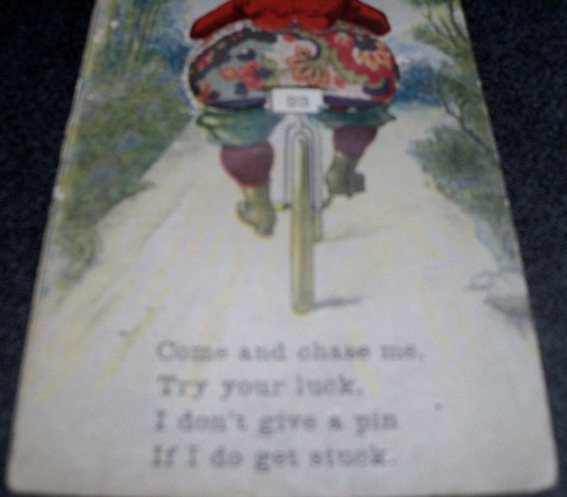 Postcard Woman on Bicycle with Pincushion Bottom Postcard Woman on Bicycle with Pincushion Bottom