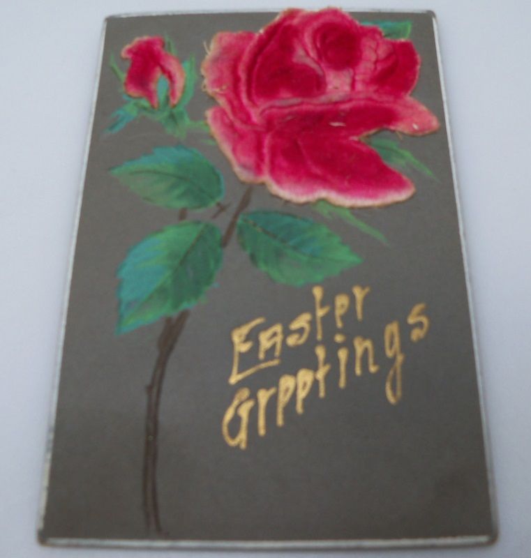 Postcard Velvet Red Rose with Easter Greetings. Postcard Velvet Red Rose with Easter Greetings.