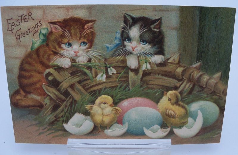 Easter Postcard Cats Looking at Baby Chicks Easter Postcard Cats Looking at Baby Chicks