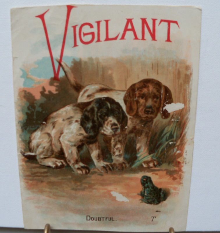 Victorian Scrap "Vigilant" Two Dogs Confronting Frog Victorian Scrap "Vigilant" Two Dogs Confronting Frog