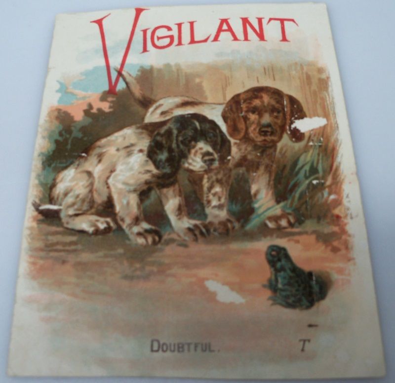 Victorian Scrap "Vigilant" Two Dogs Confronting Frog Victorian Scrap "Vigilant" Two Dogs Confronting Frog
