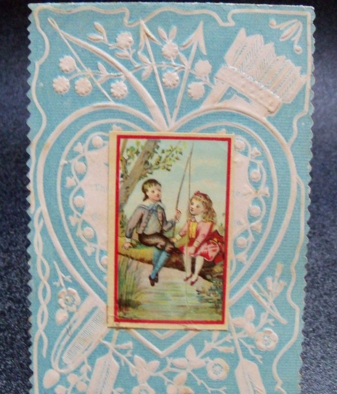 Small Blue and Cream Valentine with Boy and Girl Small Blue and Cream Valentine with Boy and Girl