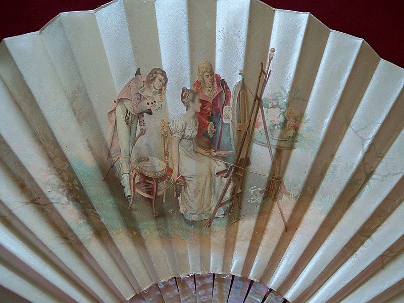 Large Victorian Cream Satin with Mother of Pearls Sticks Fan Large Victorian Cream Satin with Mother of Pearls Sticks Fan
