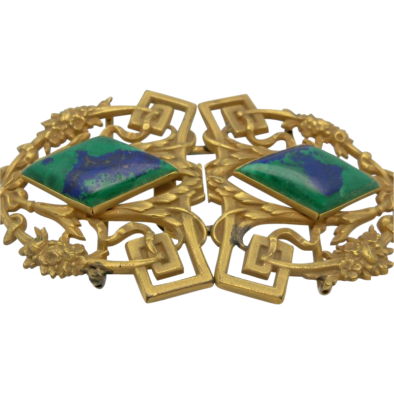 Ornate Brass Belt Buckle with Green and Blue Glass Stones Ornate Brass Belt Buckle with Green and Blue Glass Stones