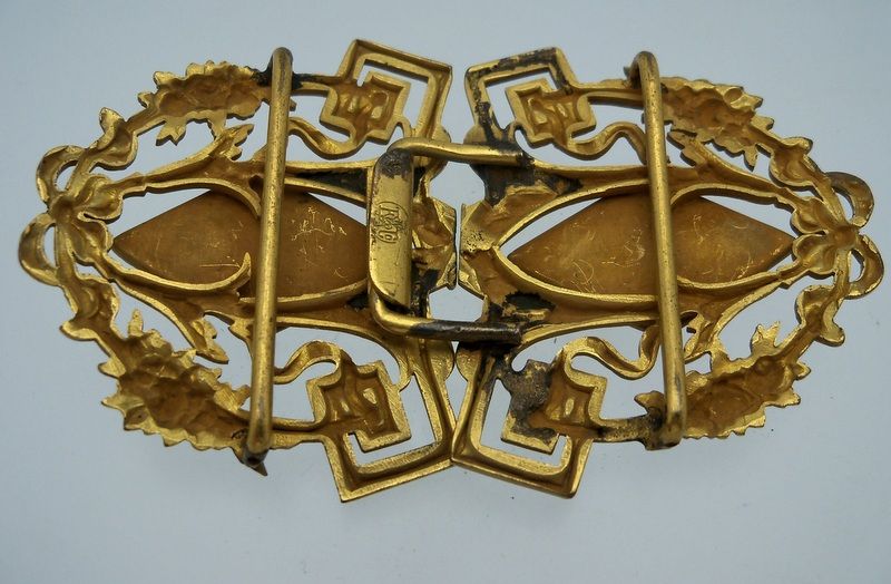 Ornate Brass Belt Buckle with Green and Blue Glass Stones Ornate Brass Belt Buckle with Green and Blue Glass Stones