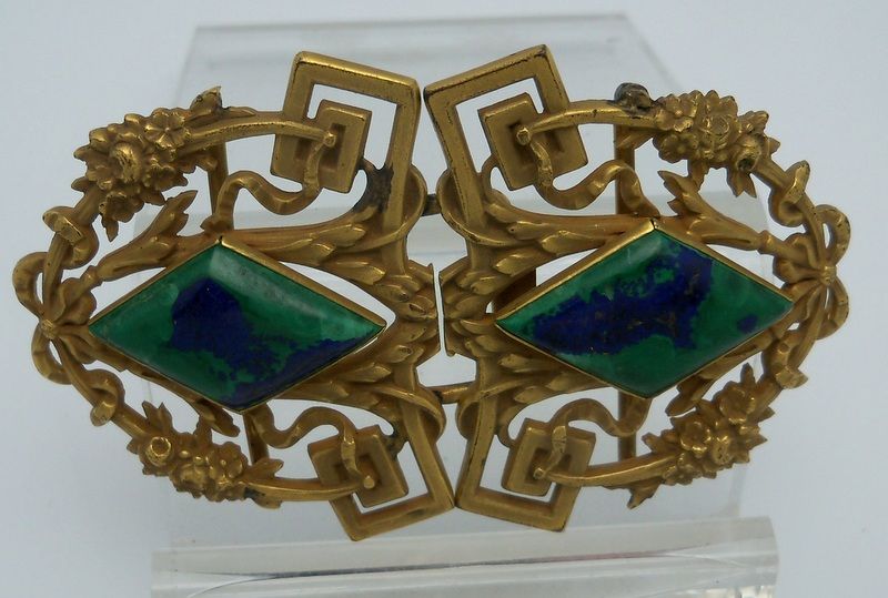 Ornate Brass Belt Buckle with Green and Blue Glass Stones Ornate Brass Belt Buckle with Green and Blue Glass Stones