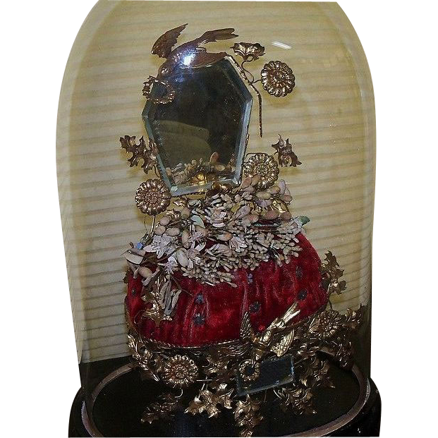 Victorian Bridal Veil Resting on Elaborate Chair in Domed Glass Case