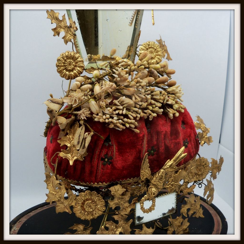 Victorian Bridal Veil Resting on Elaborate Chair in Domed Glass Case