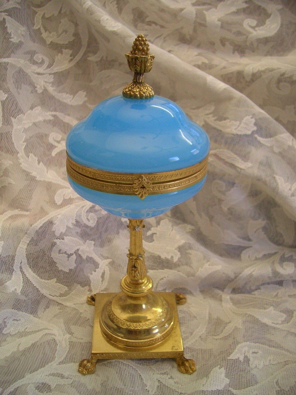 Magnificent Antique Blue Opaline Casket " Pedestal Base & Paw Feet" Magnificent Antique Blue Opaline Casket " Pedestal Base & Paw Feet"