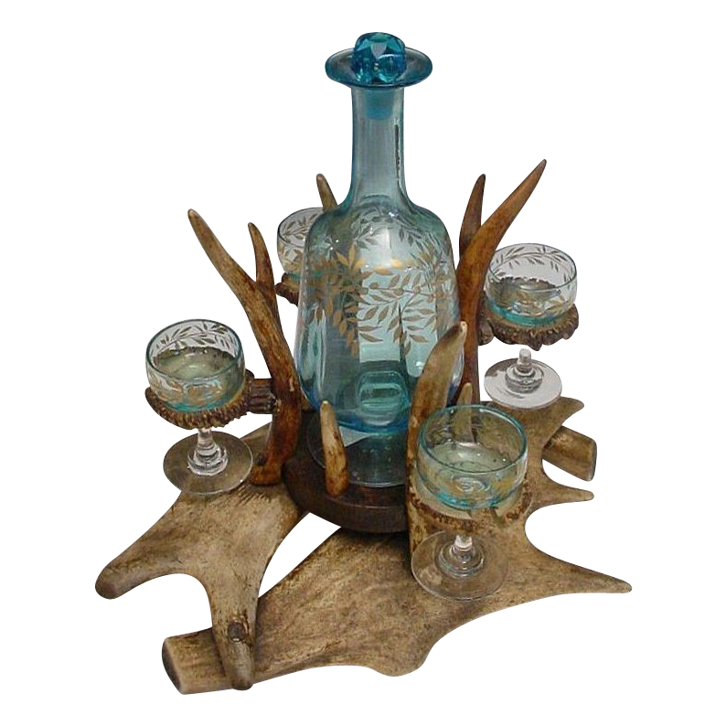 Magnificent Antique Antler Liquor Set "FAB Blue Glass" Magnificent Antique Antler Liquor Set "FAB Blue Glass"