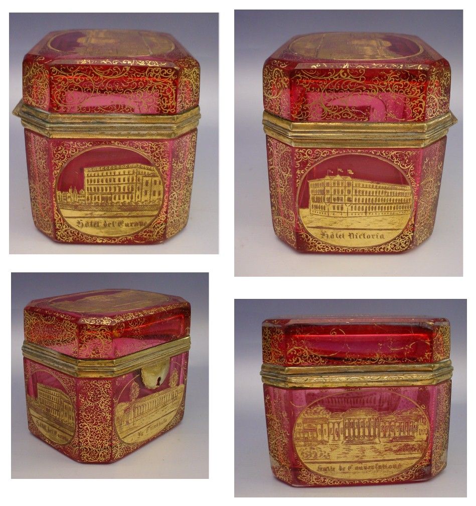 Antique Bohemian Cranberry Spa Casket Hinged Box Antique Bohemian Cranberry Spa Casket Hinged Box