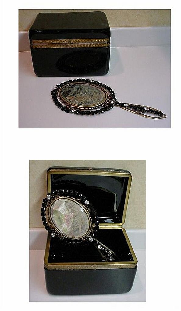 French Jeweled Hand Mirror "Jet and French Paste Gems" French Jeweled Hand Mirror "Jet and French Paste Gems"