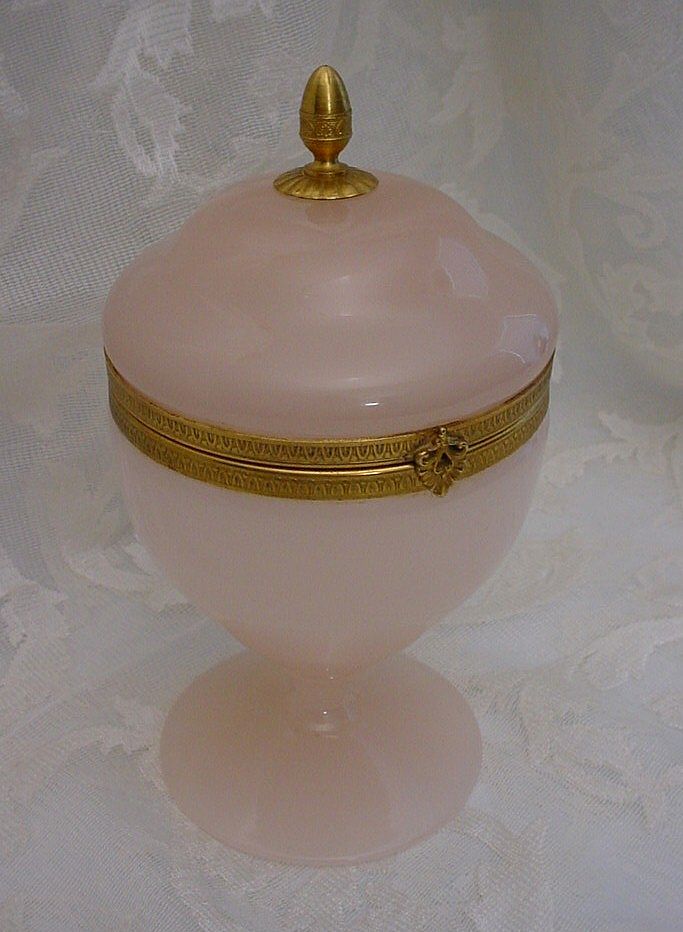 Fabulous Antique Pink Opaline Hinged Pedestal Box Fabulous Antique Pink Opaline Hinged Pedestal Box