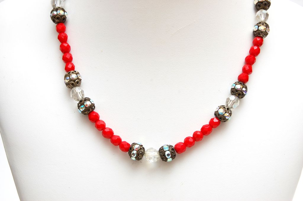 Red Glass and Filigree and Rhinestone Beaded Necklace Red Glass and Filigree and Rhinestone Beaded Necklace
