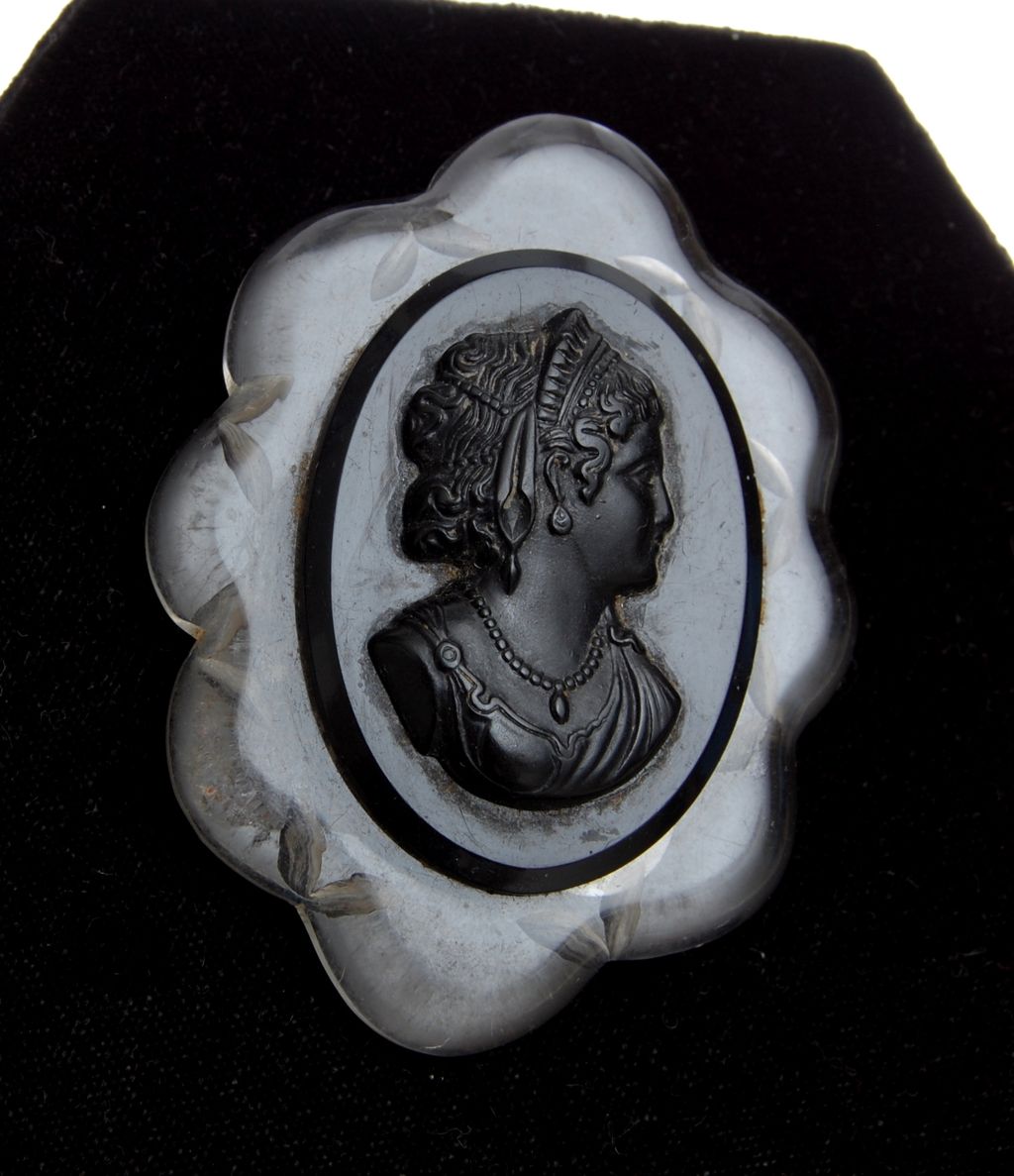Reverse Carved Lucite and Black Celluloid Cameo Brooch Reverse Carved Lucite and Black Celluloid Cameo Brooch
