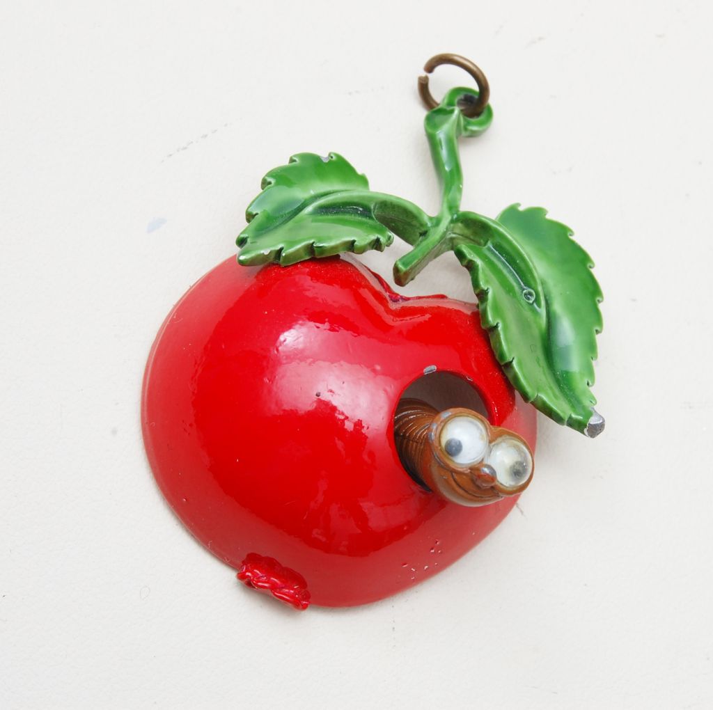 Enameled Apple With Moveable Worm Pendant Enameled Apple With Moveable Worm Pendant