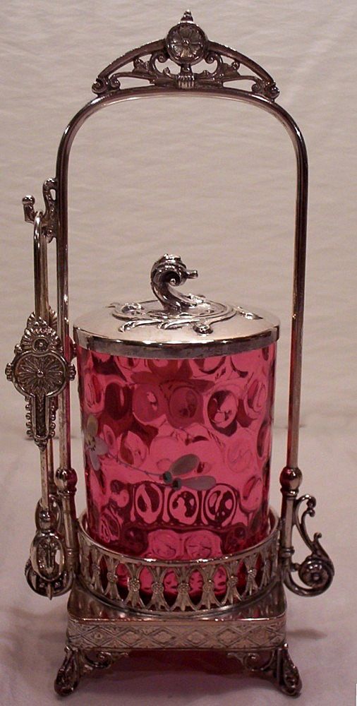 Fabulous Vintage Victorian Cranberry Hand Painted Enamel Pickle Castor Fabulous Vintage Victorian Cranberry Hand Painted Enamel Pickle Castor