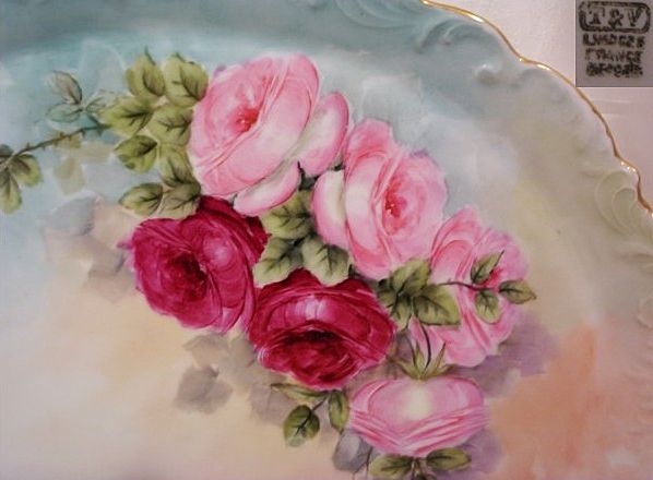 T & V Limoges Dresser Tray Decorated with Hand Painted Roses T & V Limoges Dresser Tray Decorated with Hand Painted Roses