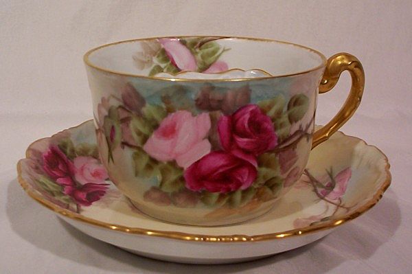 T&V Limoges Mustache Cup and Saucer Hand Painted Roses T&V Limoges Mustache Cup and Saucer Hand Painted Roses