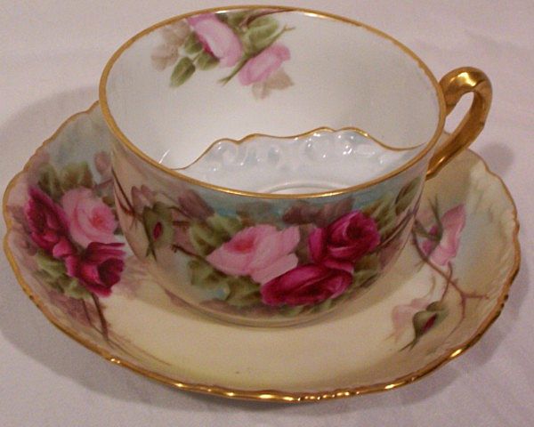 T&V Limoges Mustache Cup and Saucer Hand Painted Roses T&V Limoges Mustache Cup and Saucer Hand Painted Roses